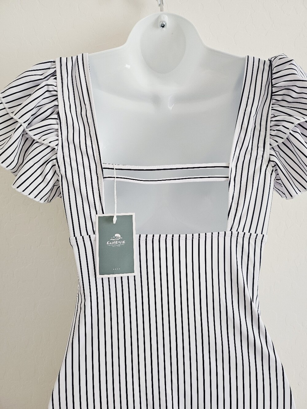 Square Neck Black & White Striped Ruffle Sleeve One Piece Swimwear Small - Picture 6 of 9